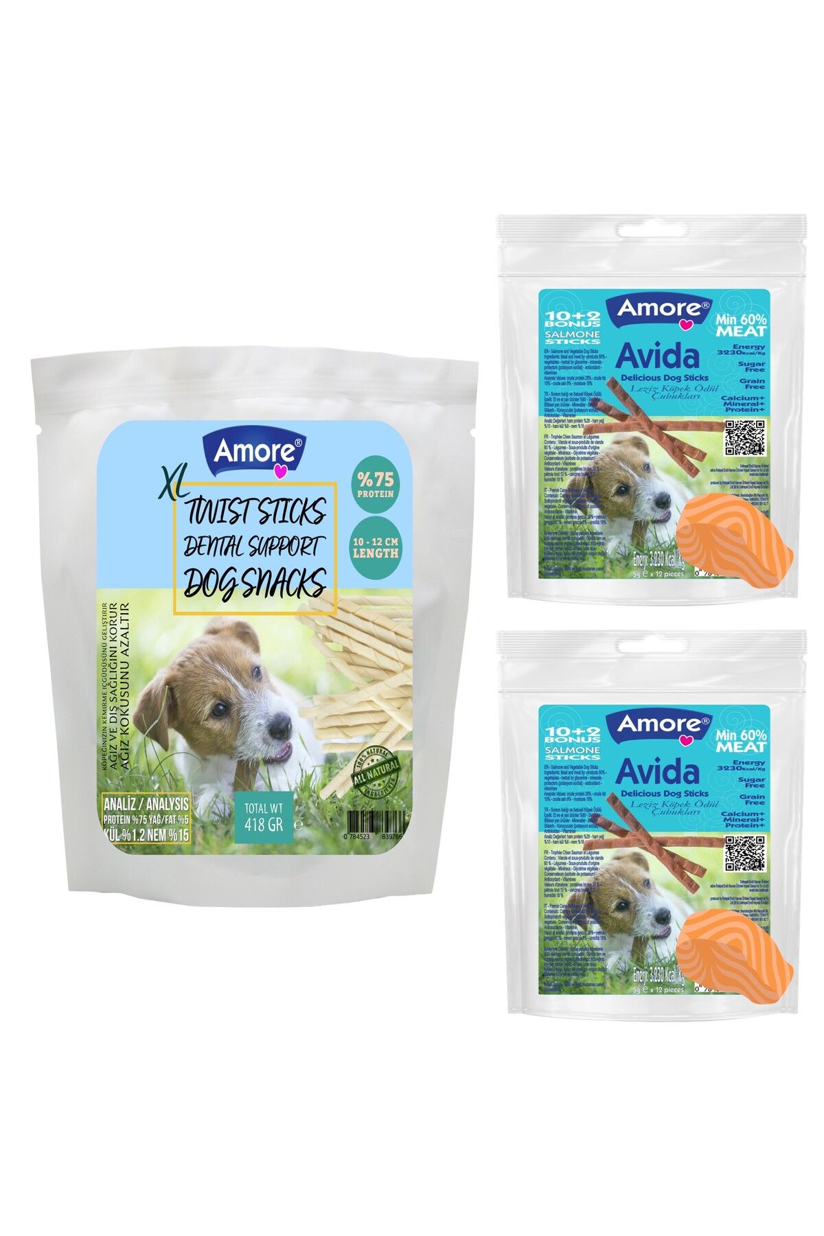 Amoredog Twist Dog Sticks Xl 418 Gr Kalın Köpek Burgu çiğneme Burgu ödül çubuğu, 2x12li Avida Somonlu Stick