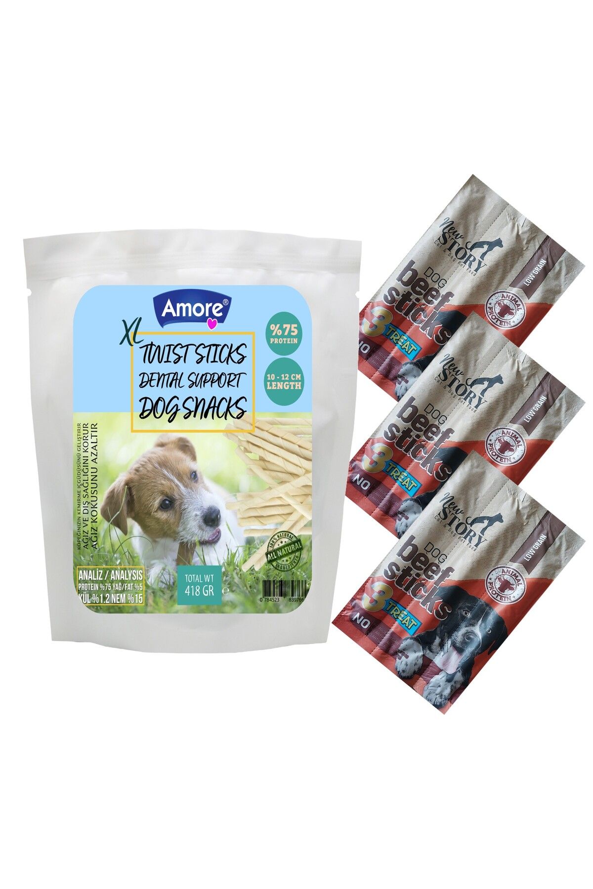 Amoredog Twist Dog Sticks Xl 418 Gr Kalın Köpek Burgu çiğneme Burgu ödül çubuğu, 3 Adet 3lü Beef Stick