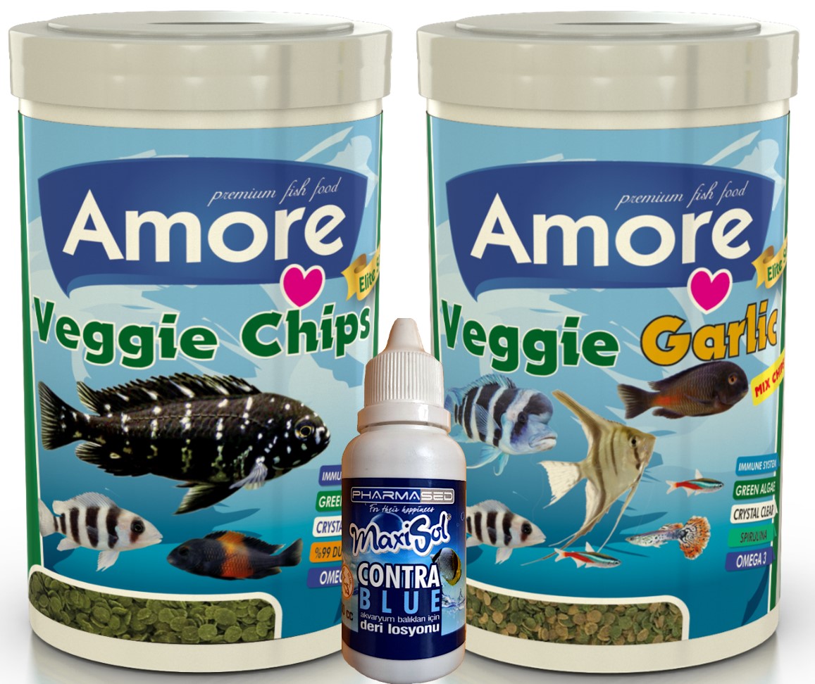 Amore Veggie Green Algae Chips ve Veggie Garlic Pro 250ml Tropikal 46-Protein Balık Yemi ve ContraBlue