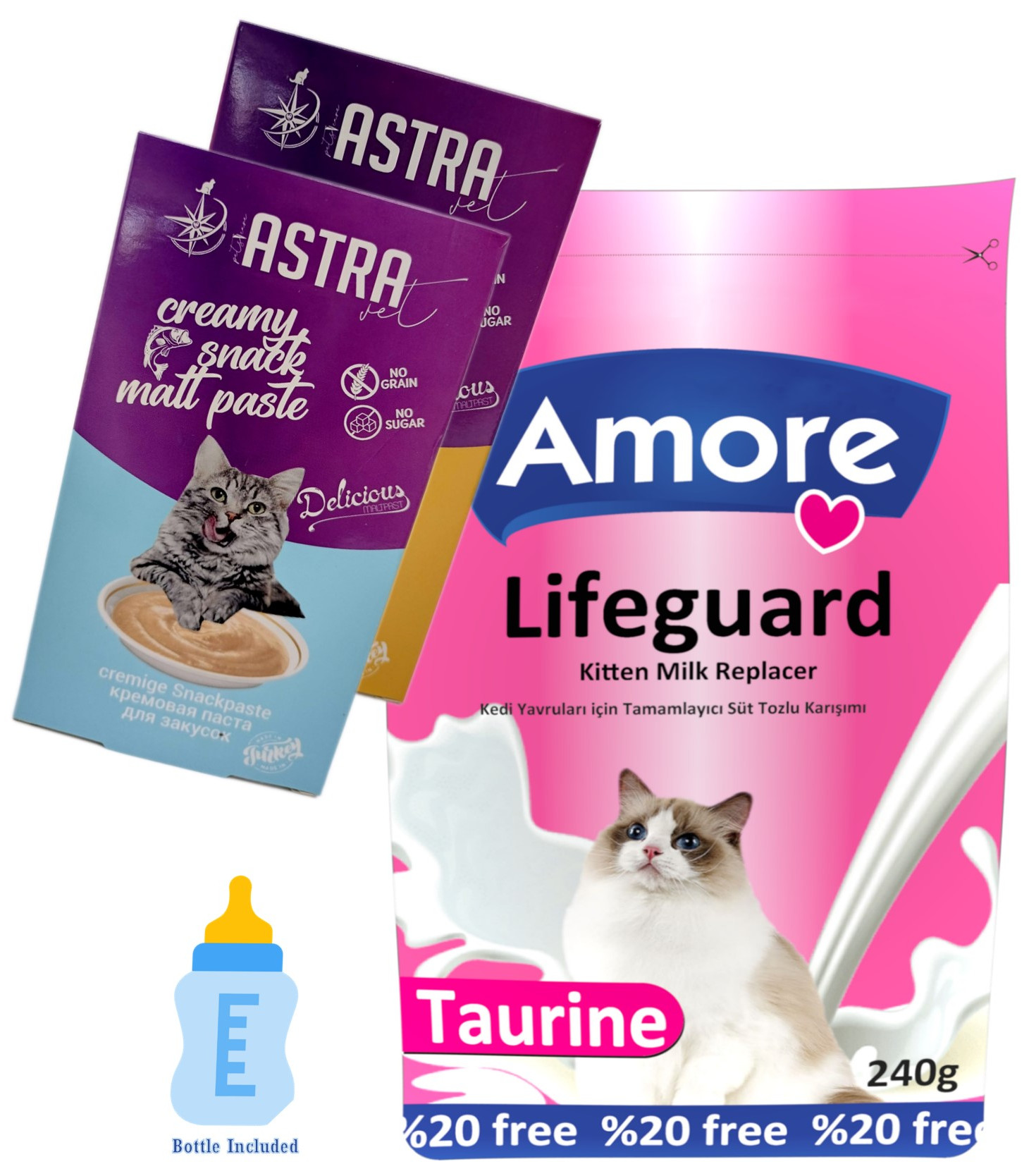 Amore Yavru Kedi Süt Tozu 240gr, Biberon, 2 adet 3lü Kremalı Atıştırmalık Snack Paste Malt