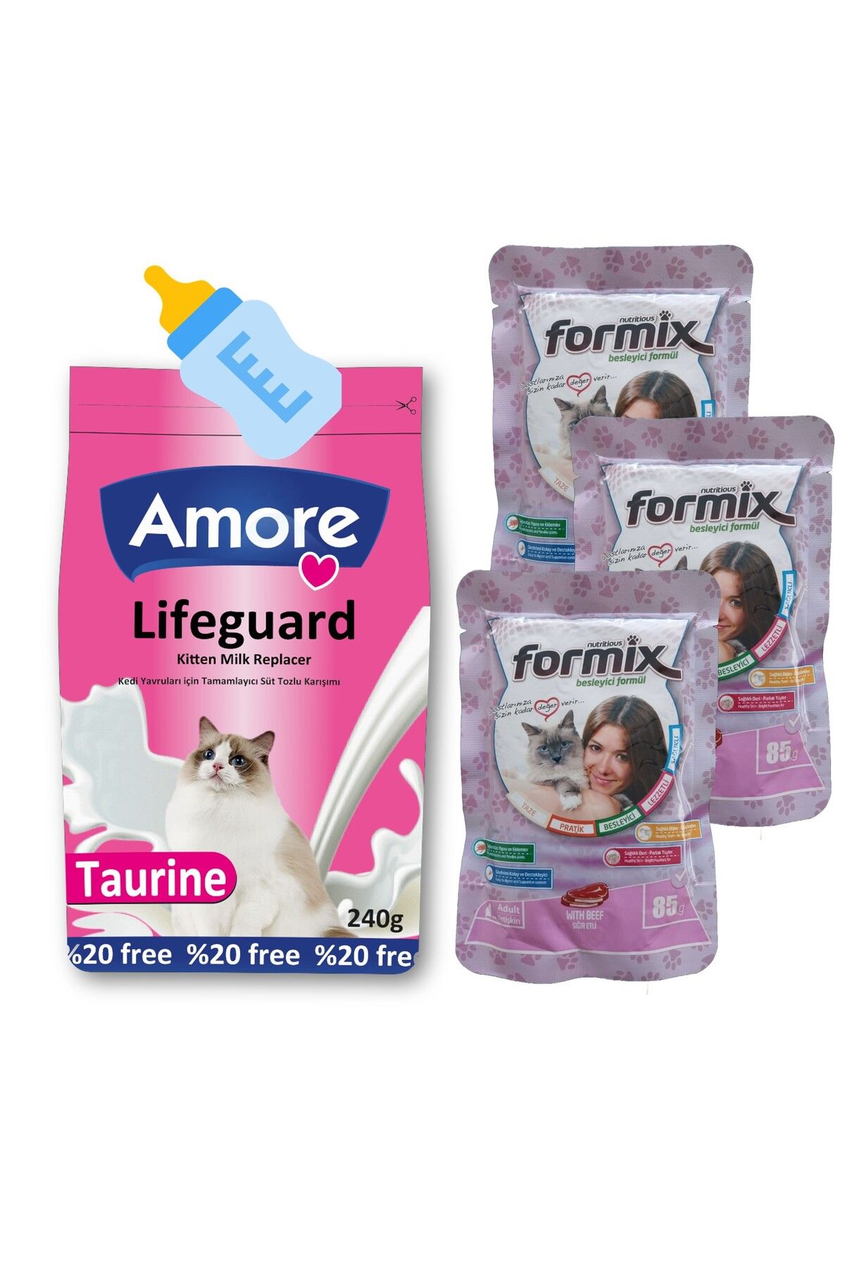 Amorecat Lifeguard 240gr Yavru Kedi Süt Tozu, Biberon, 3-formix-punch ıslak ödül Maması