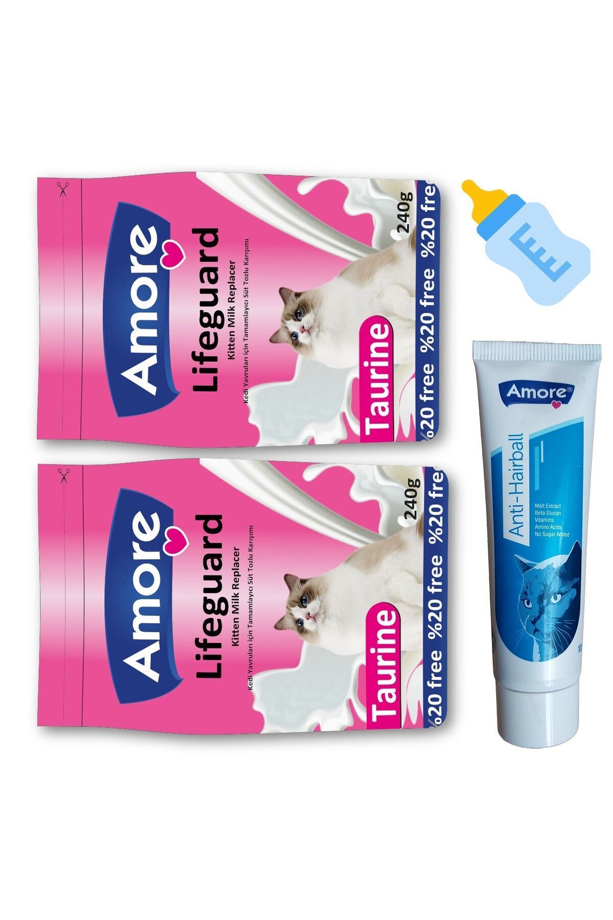 Amorecat Yavru Kedi Süt Tozu 2x240gr Lifeguard, Biberon, Anti-hairball Tüy Yumağı önleyici 100ml Malt
