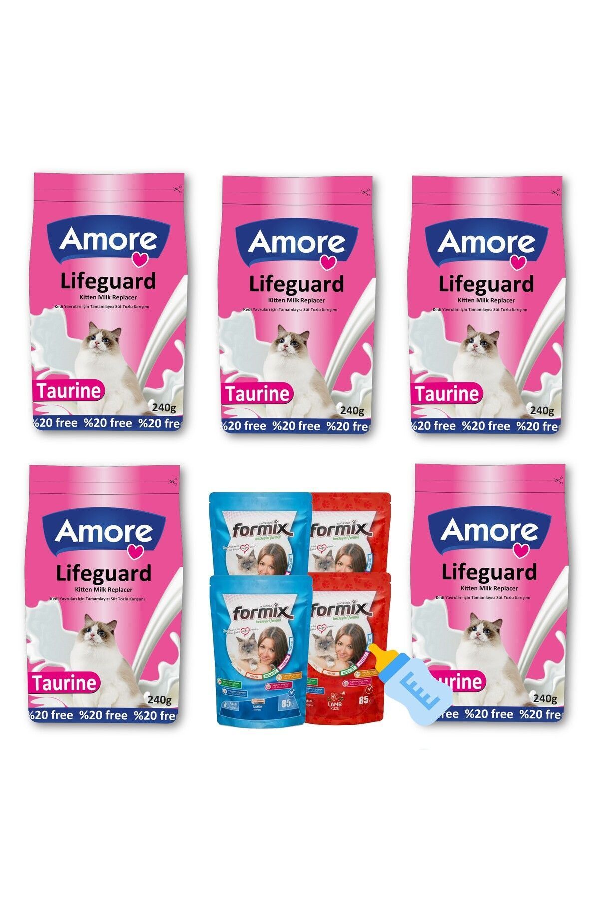 Amorecat Lifeguard 5x240gr Yavru Kedi Süt Tozu, Biberon, 4-formix-punch ıslak ödül Maması