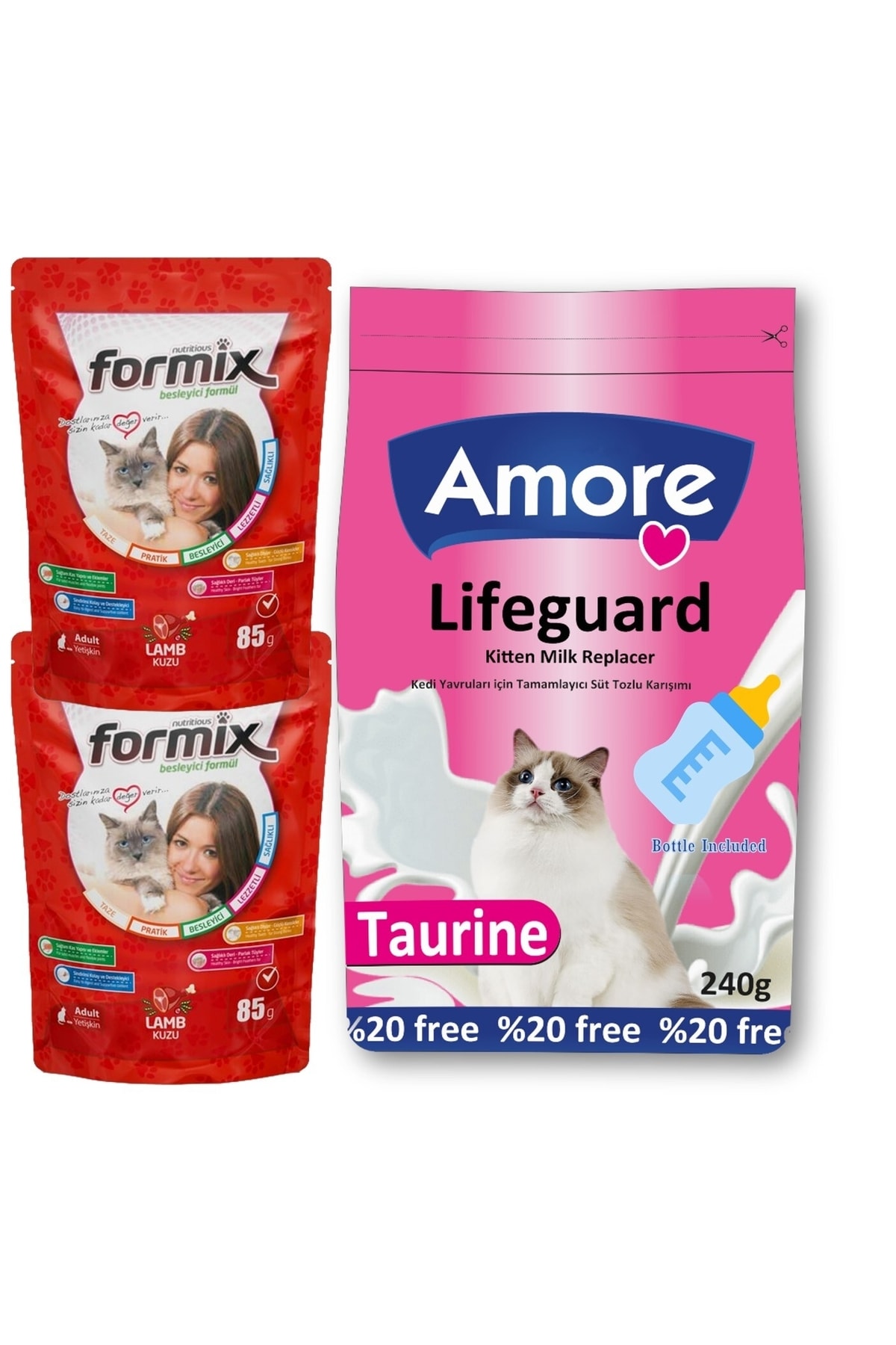 Amorecat Yavru Kedi Sut Tozu Lifeguard 240gr, Biberon Ve 2 Adet 85g Kuzu Etli Punch Odul Mamasi