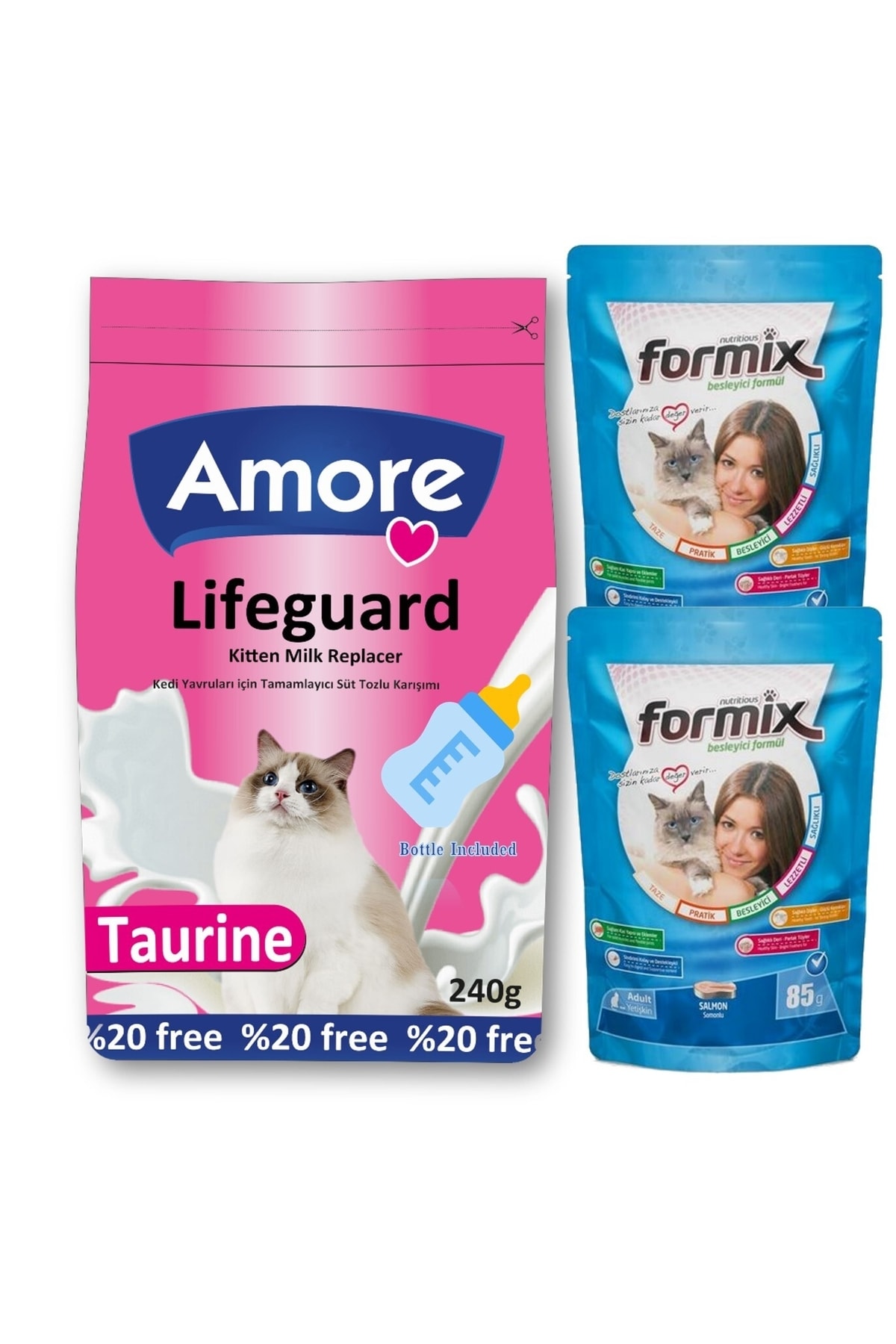 Amore Yavru Kedi Sut Tozu Lifeguard 240gr, Biberon Ve 2 Adet 85g Somonlu Punch Odul Mamasi