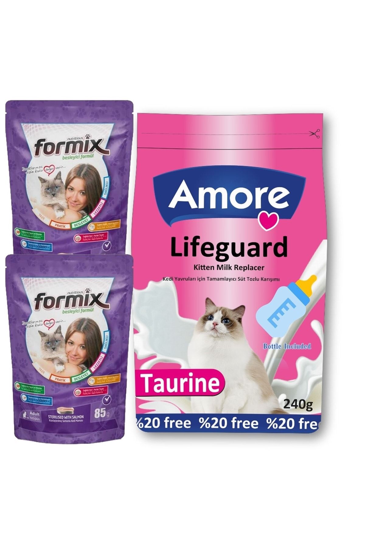 Amore Yavru Kedi Sut Tozu Lifeguard 240gr, Biberon Ve 2 Adet 85g Steril Punch Odul Mamasi