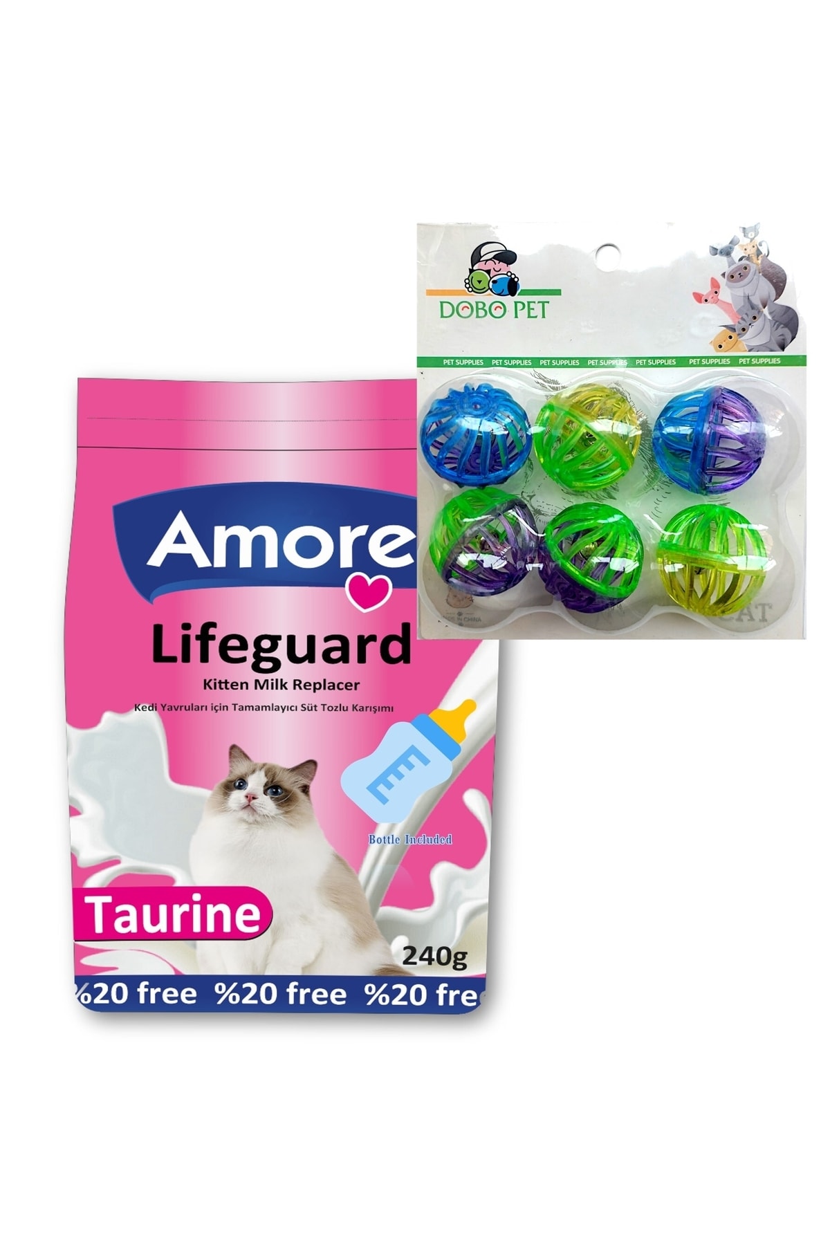 Amore Yavru Kedi Sut Tozu Lifeguard 240gr, Biberon Ve 6li Top Oyuncak