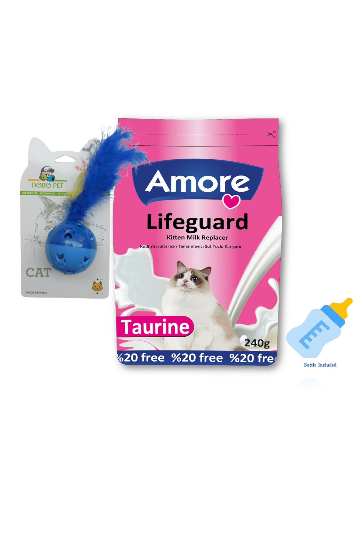 Amore Yavru Kedi Sut Tozu Lifeguard 240gr, Biberon Ve Tuylu Oyuncak Top Mavi