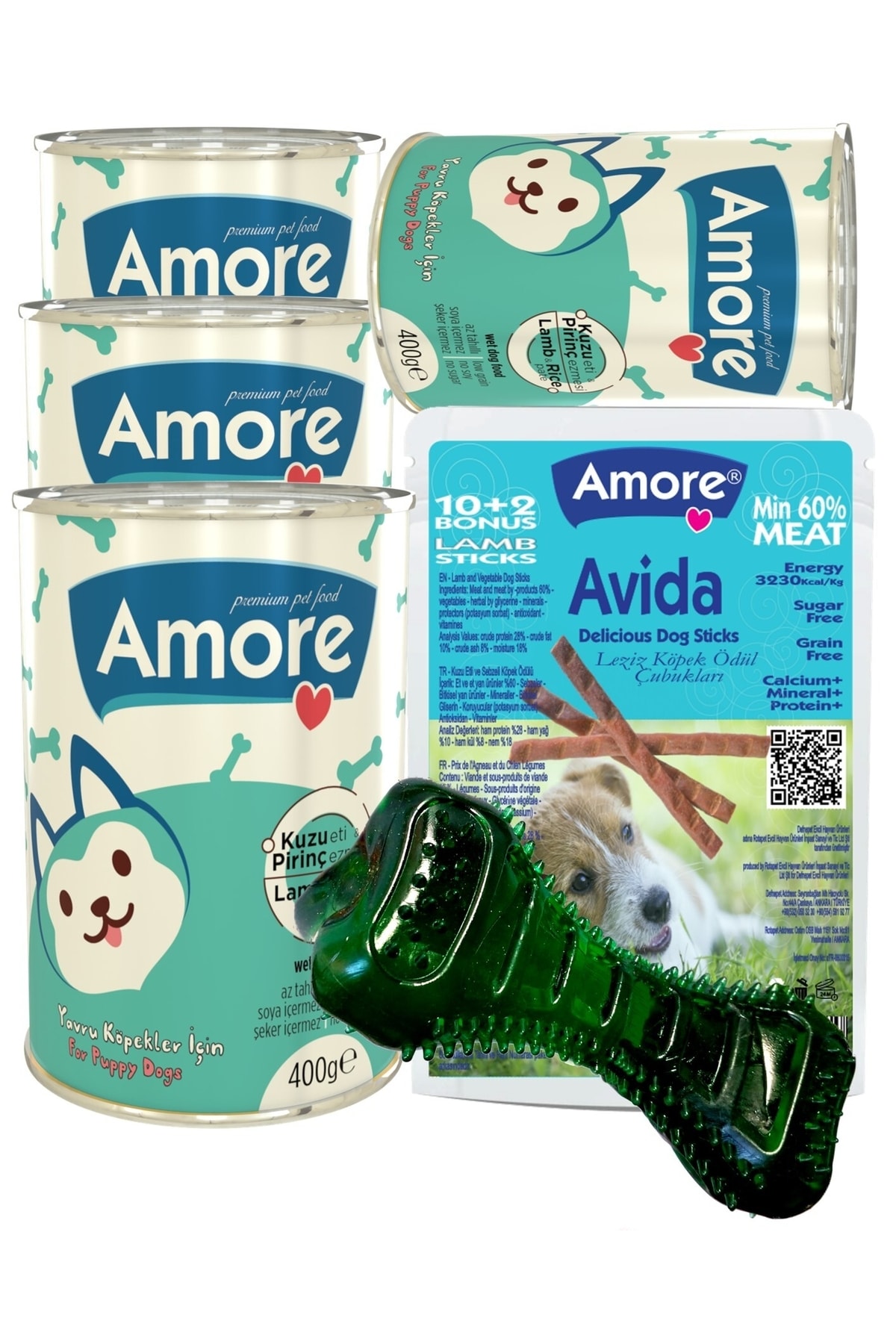 Amore Yavru Kopek Konservesi 4lu, Oyuncak Kemik, Avida Lamb Sticks odul Cubuklari 12li