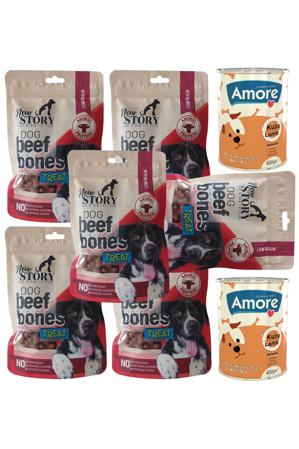 New Story Yetiskin Kuzu Parca Etli Kopek Konservesi 2li, Dog Beef Bones Sigir Etli 6x80gr Yumusak Odul Mamasi