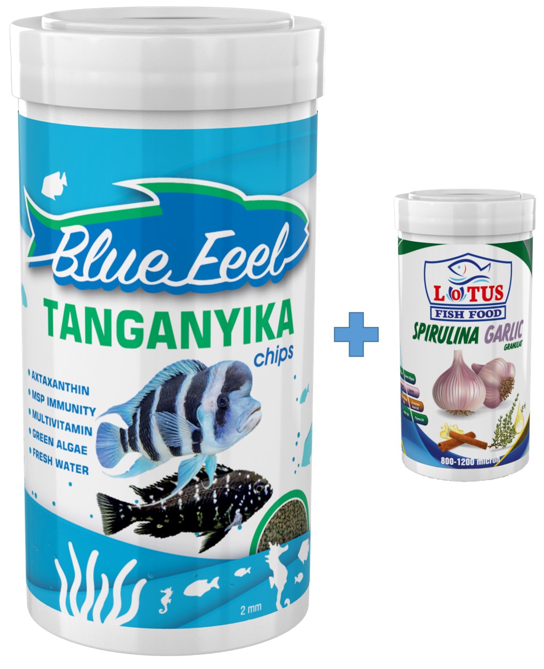 Blue Feel Tanganyika Chips 1000ml + Lotus Spirulina Garlic 100ml Kutu