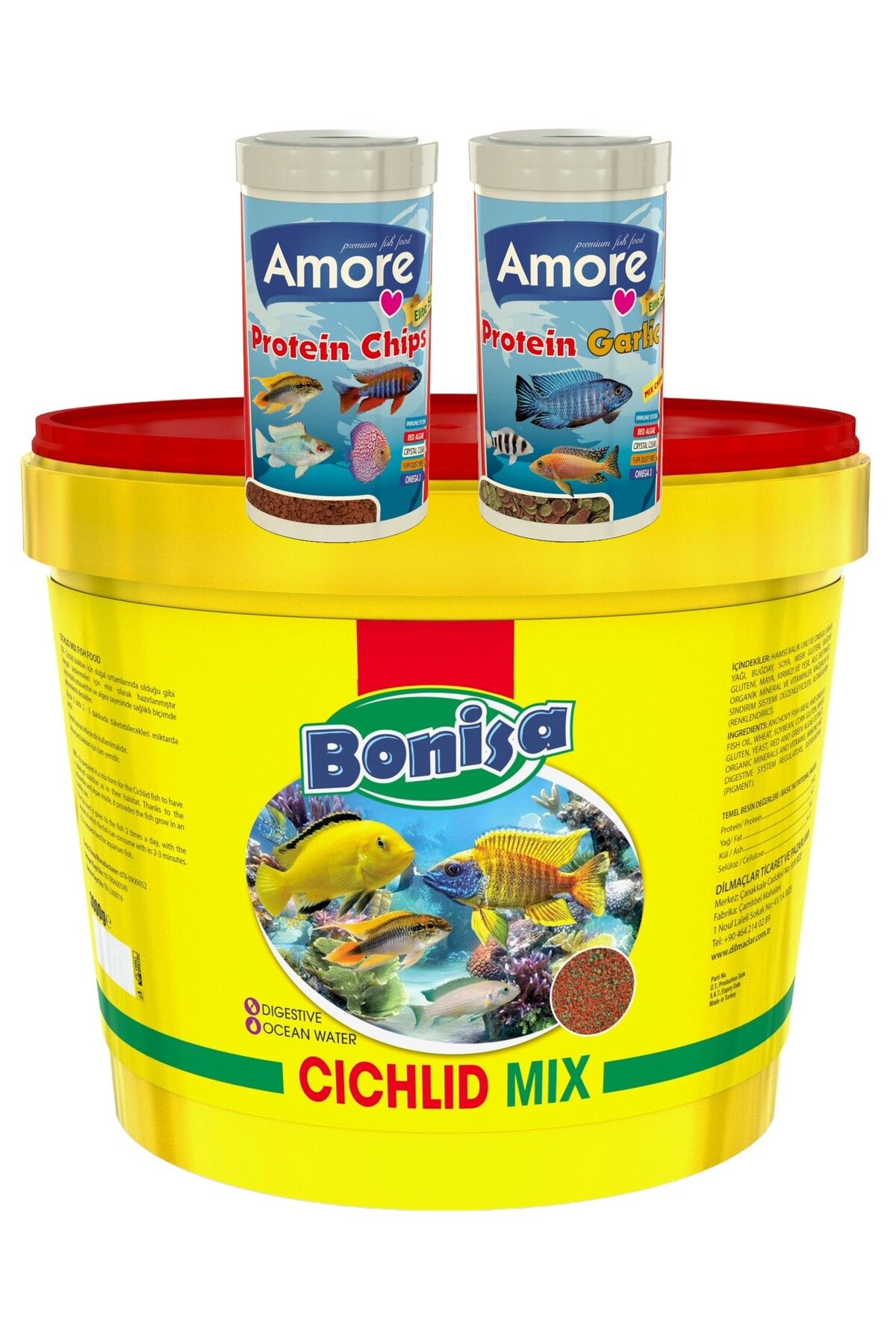 Bonisa Cichlid Mix Granulat 3 Kg Kova, Amore Elite Protein Garlic ve Protein Chips 250ml Kutu Balik Yemi