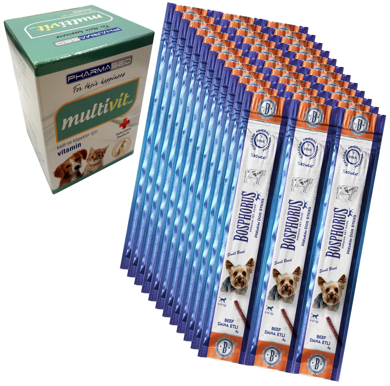 Bosphorus Dog Sticks Beef Dana Etli Küçük ırk Köpek ödül çubukları 10+2 Adet 3 Lü + Multivitamin