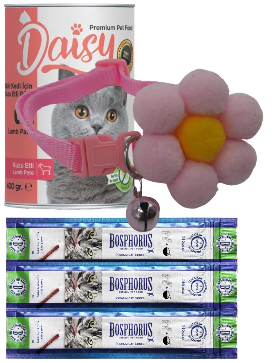 Daisy Kuzu Etli Kedi Konserve, Ödül Sticks ve Flowers Boyun Tasma Seti Açık Pembe