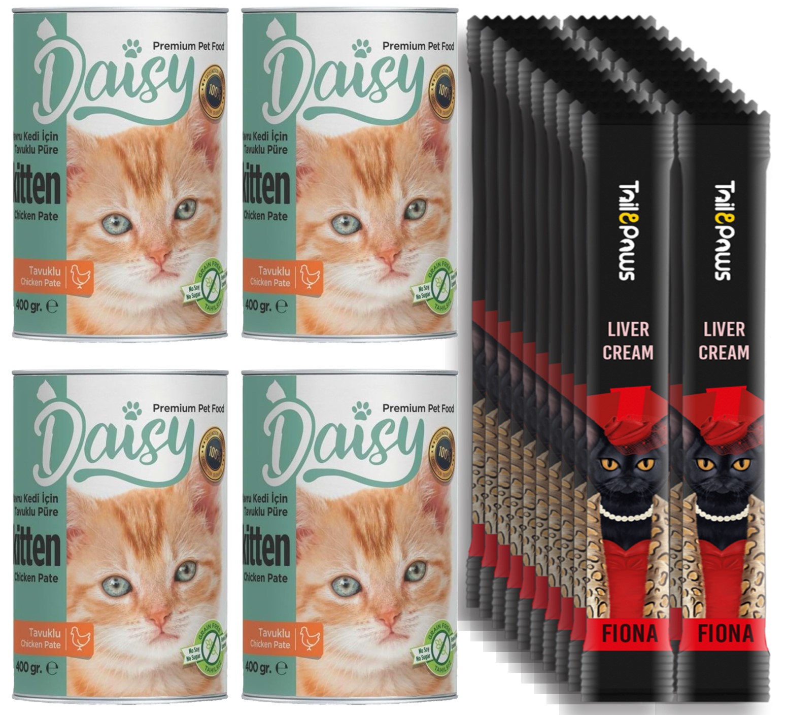 Daisy Yavru Kedi Kitten Konserve Maması 4x400gr Ve Fiona Sıvı Kedi ödülü 20x15gr Krema