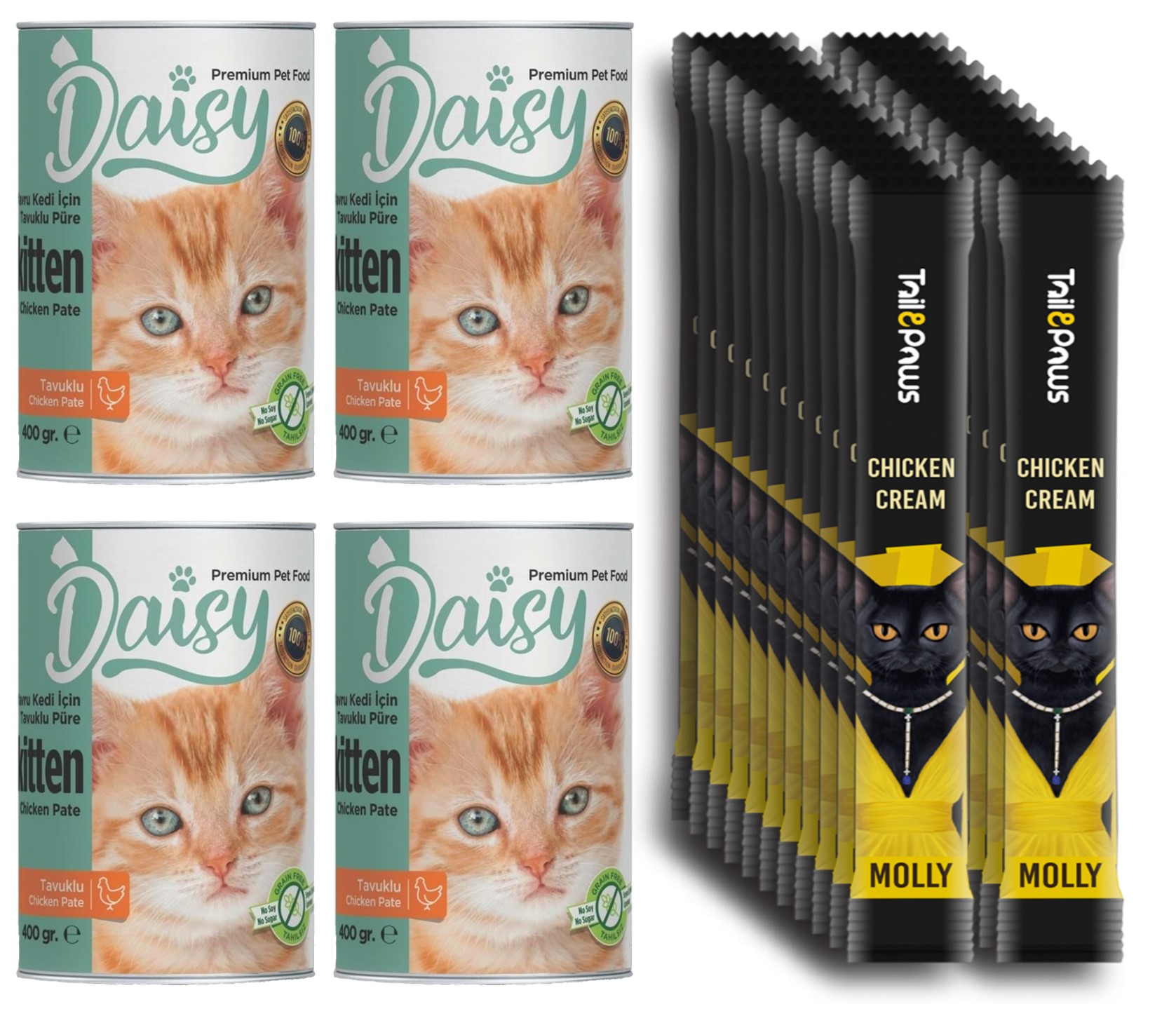 Daisy Yavru Kedi Kitten Konserve Maması 4x400gr Ve Molly Sıvı Kedi ödülü 20x15gr Krema