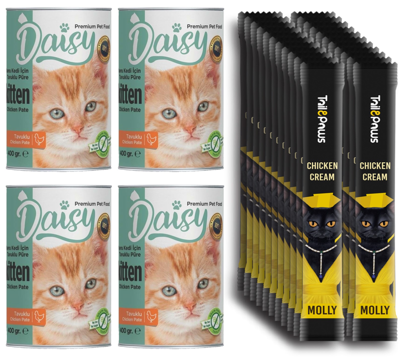 Daisy Yavru Kedi Kitten Konserve Maması 4x400gr ve Molly Sıvı Kedi Ödülü 20x15gr Krema