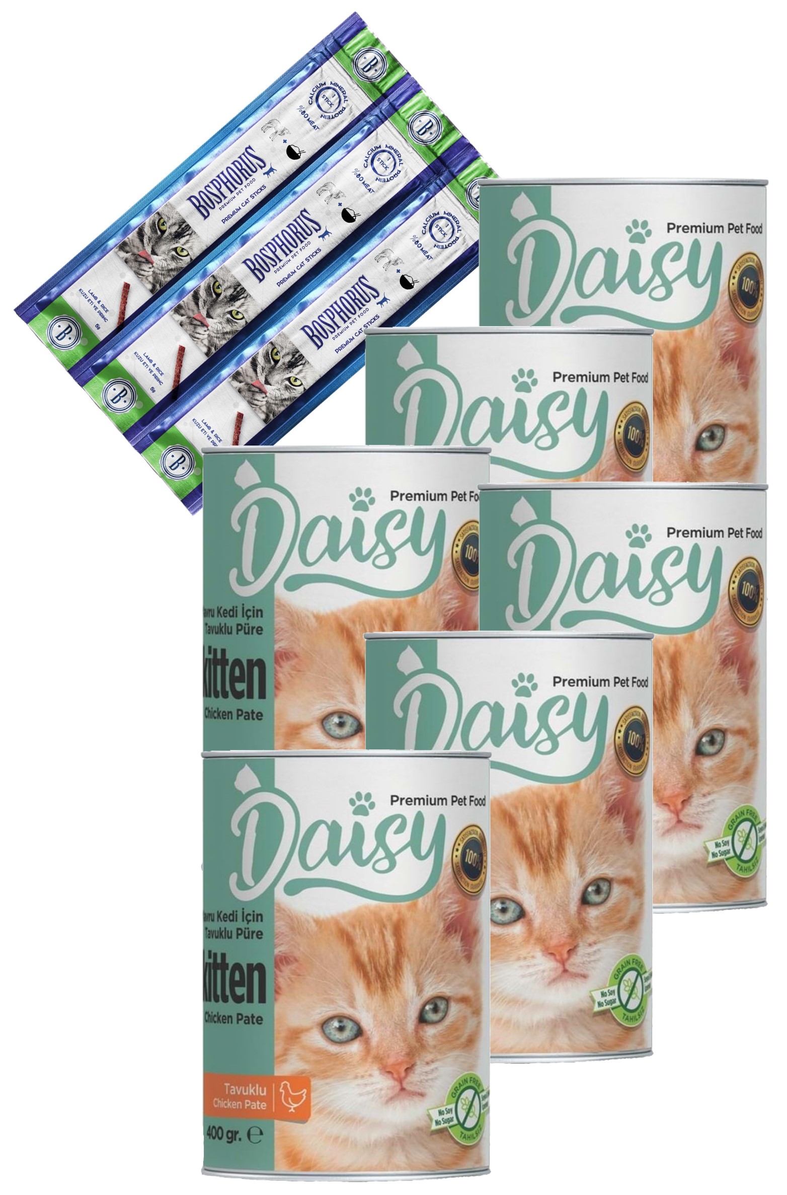 Daisy Yavru Kedi Konserve Maması 6x400gr ve Kuzu Etli Kedi Sticks Ödül Çubukları