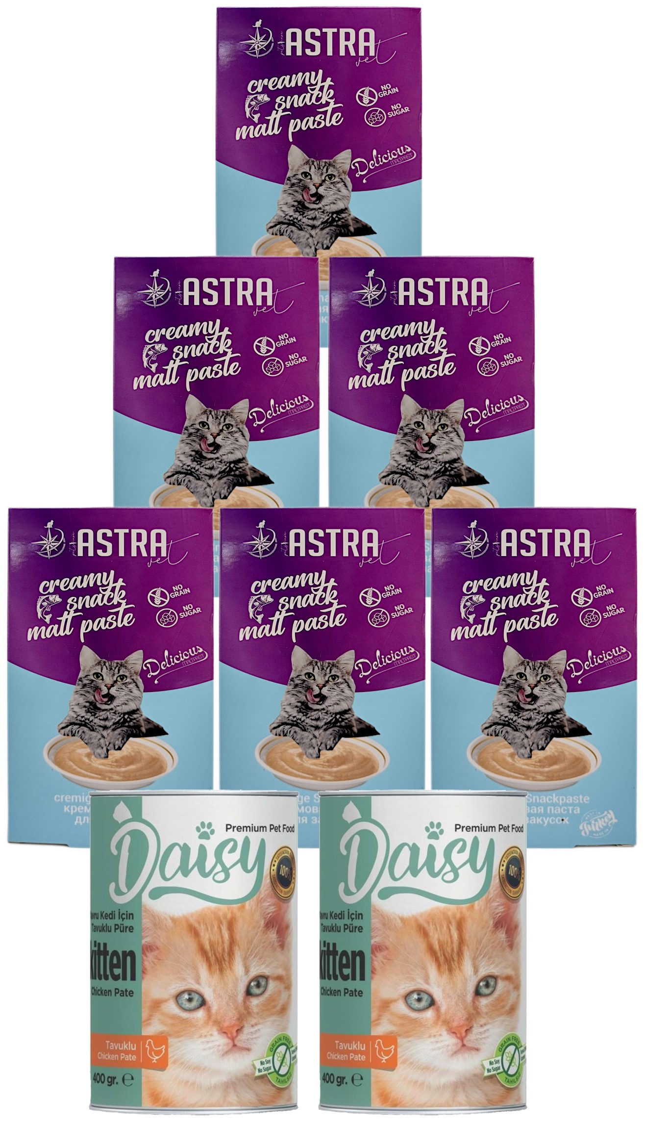 Daisy Yavru Kedi Konservesi 2x400gr ve Balıklı Kedi Snack Ödülü Krema 6 adet 3lü