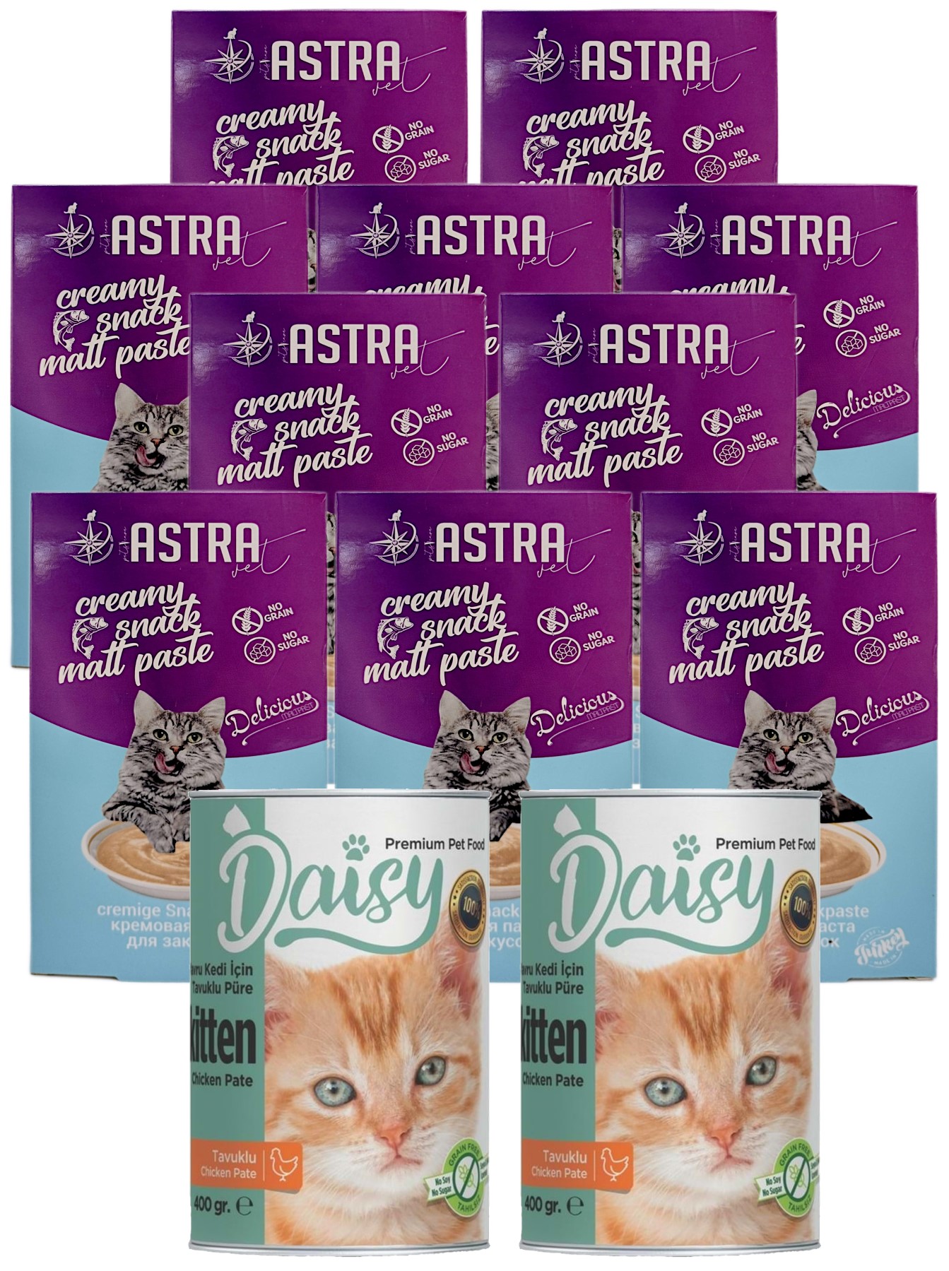 Daisy Yavru Kedi Konservesi 2x400gr Ve Kedi Snack ödülü Balıklı Krema 10 Adet 3lü