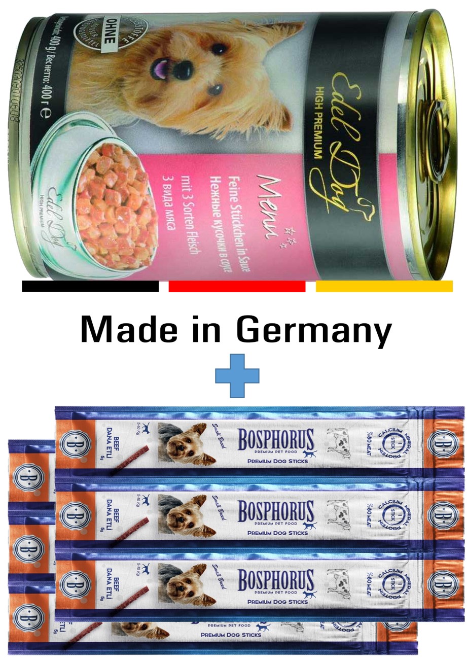 Edel Sığır Kuzu Eti Ve Ciğerli Köpek Konserve Mama 3 Meats Germany + Sticks Köpek ödül çubuğu 2 Adet 3lü