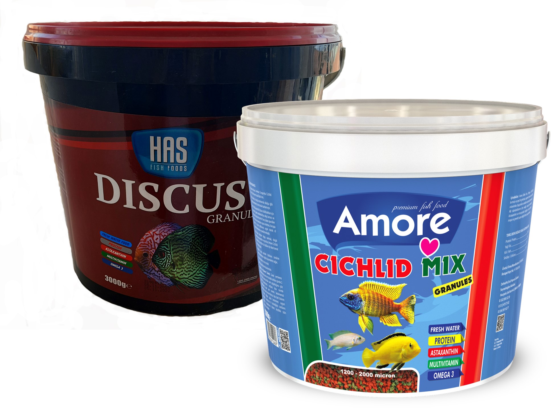 Has Discus Granül 3 Kg ve Amore Cichlid Mix Granules 3 Kg Kova Balık Yemi