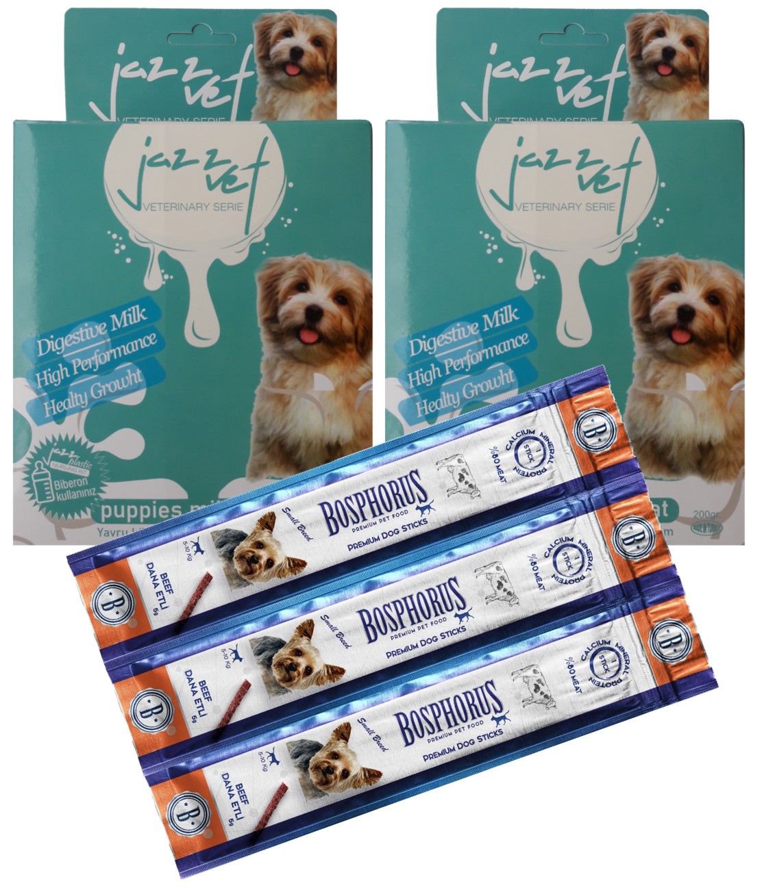 Jazz vet Puppy Yavru Köpek Süt Tozu 2x200 gr + Dog Sticks With Beef Sığır Etli Küçük Irk Ödül Çubukları 3lü