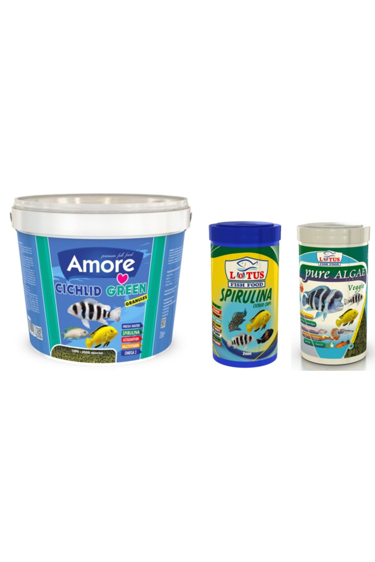 Amore Cichlid Green Granules 3 Kg Kova ve Lotus Cichlid Spirulina 250 ml ve Pure Algae Veggie 250 ml