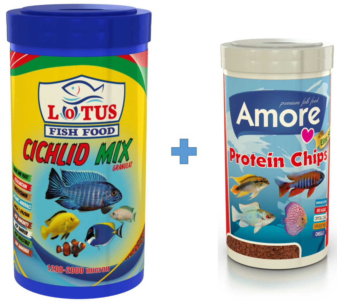 Lotus Cichlid Mix 1000ml ve Amore Elite Protein Chips Pro Algae 250ml Akvaryum Balık Yemi