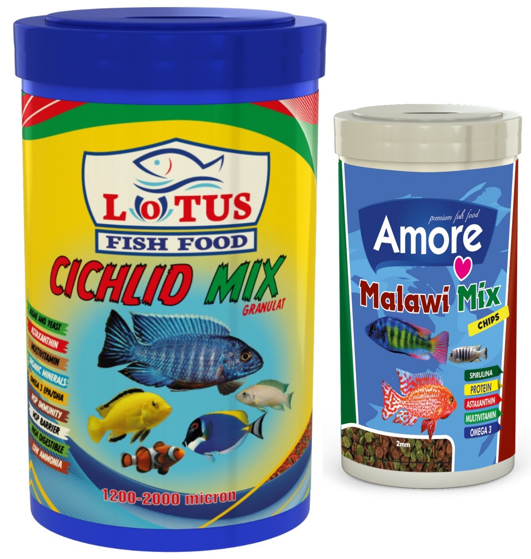 Lotus Cichlid Mix 1000ml ve Amore Malawi Mix Chips 250ml Akvaryum Balık Yemi