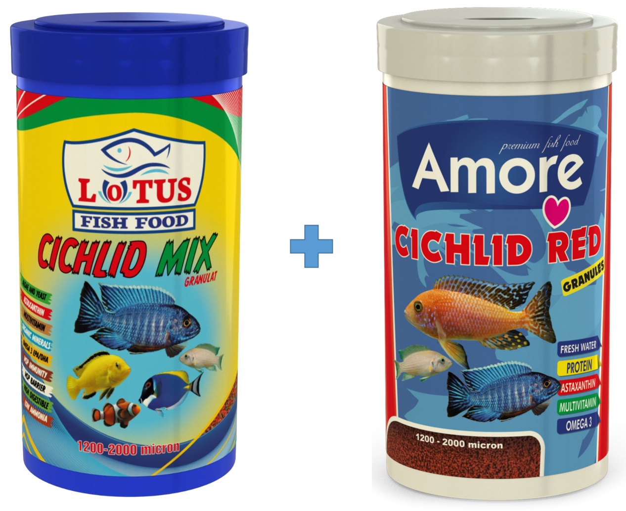 Lotus Cichlid Mix Granulat 1000ml ve Amore Cichlid Red Granules 1000ml Kutu Balık Yemi