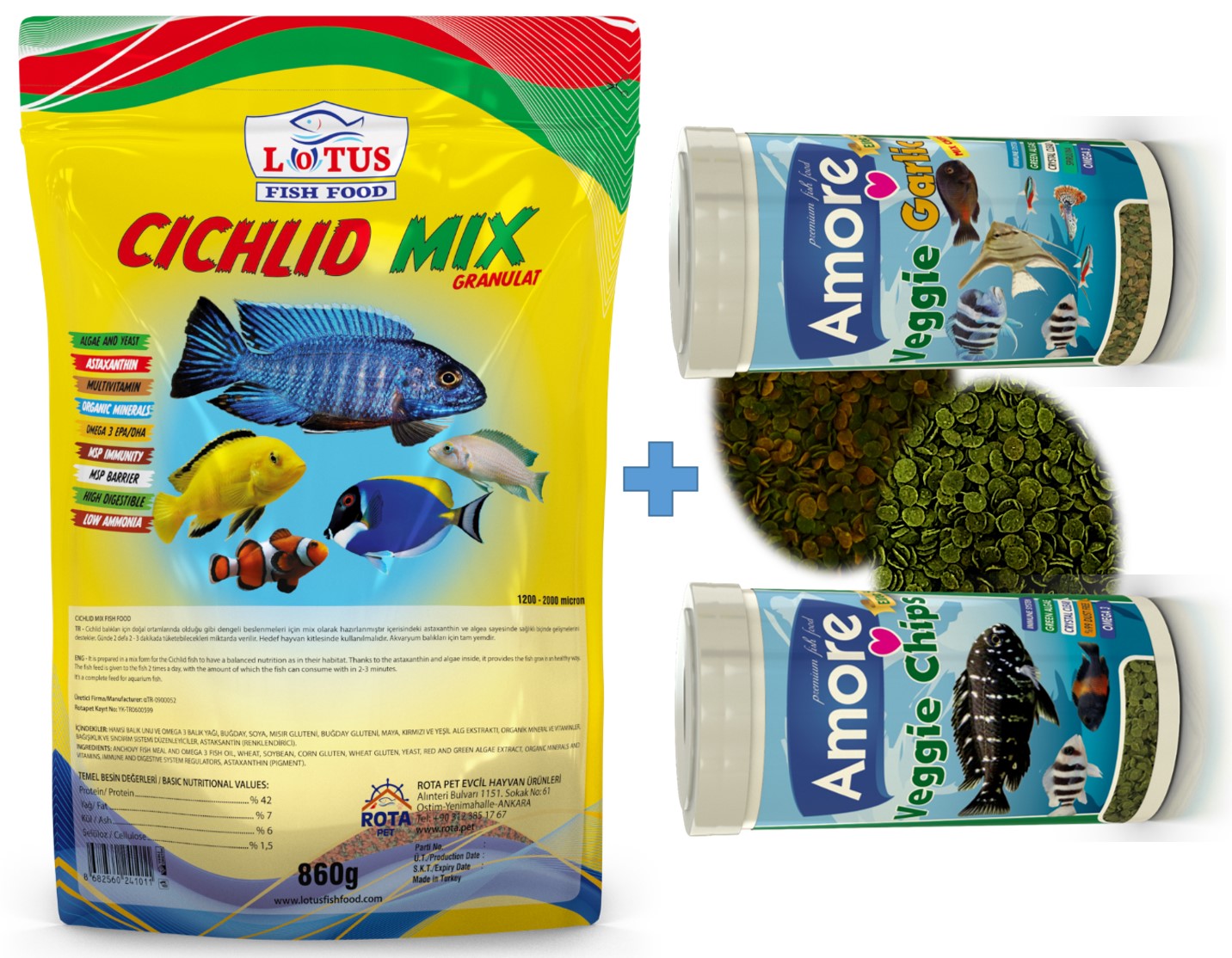 Lotus Cichlid Mix Granül Protein Bitkisel Karışık 860 g Malawi Ciklet Balık Yemi + 30 Gr + 30 Gr