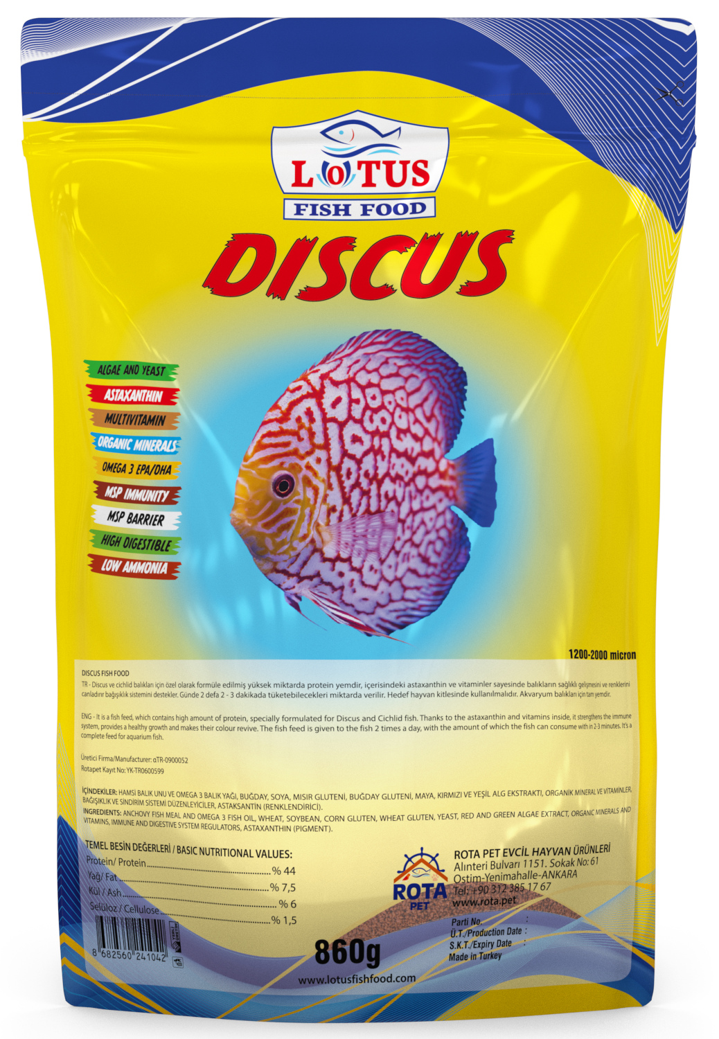 Lotus Discus Astaxanthin Omega-3 Protein 860 g Poşet Malawi Ciklet Yunus Sarı Prenses Akvaryum Balık Yemi