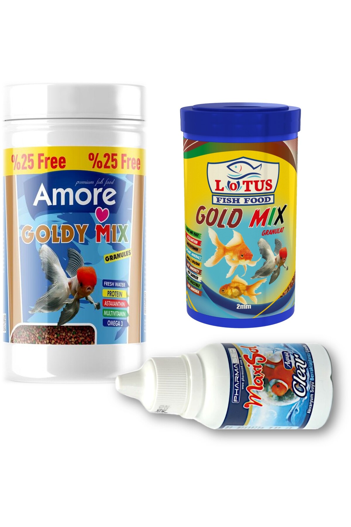 Amore Goldy Mix Granules 125 Ml Ve 100 Ml Lotus Japon Baligi Yemi Ve Clear Akvaryum Berraklastirici