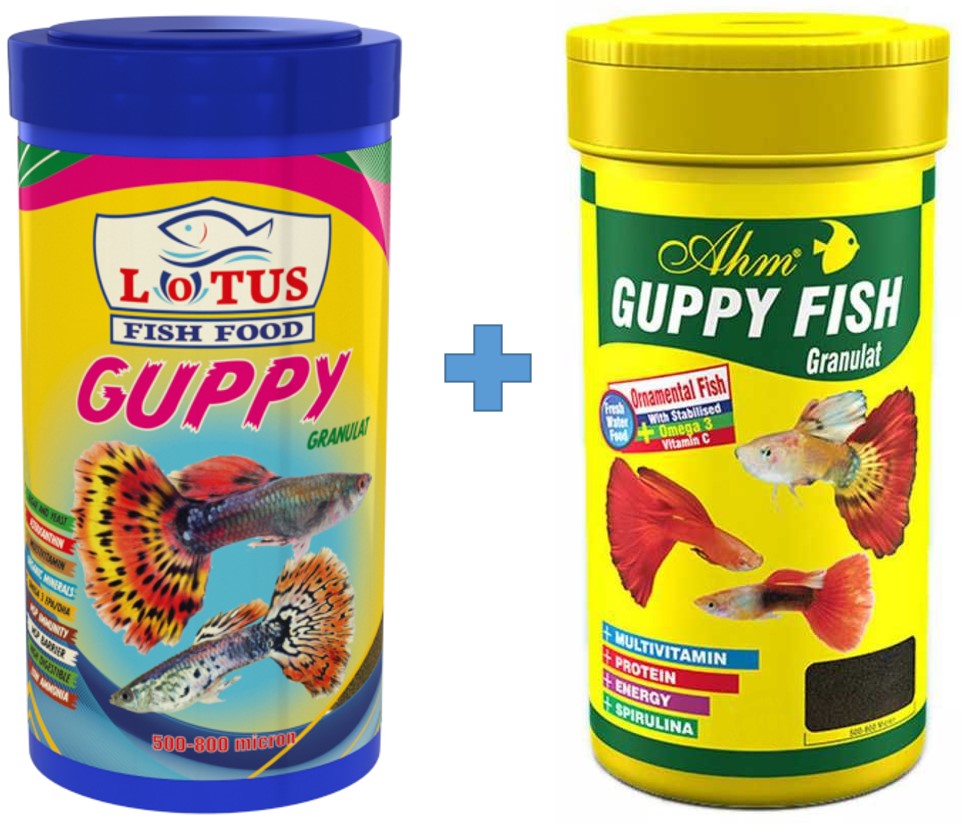 Lotus Guppy Granulat 100ml + AHM Guppy Fish Granulat 100 ml Kutu Tropikal Akvaryum Balık Yemi