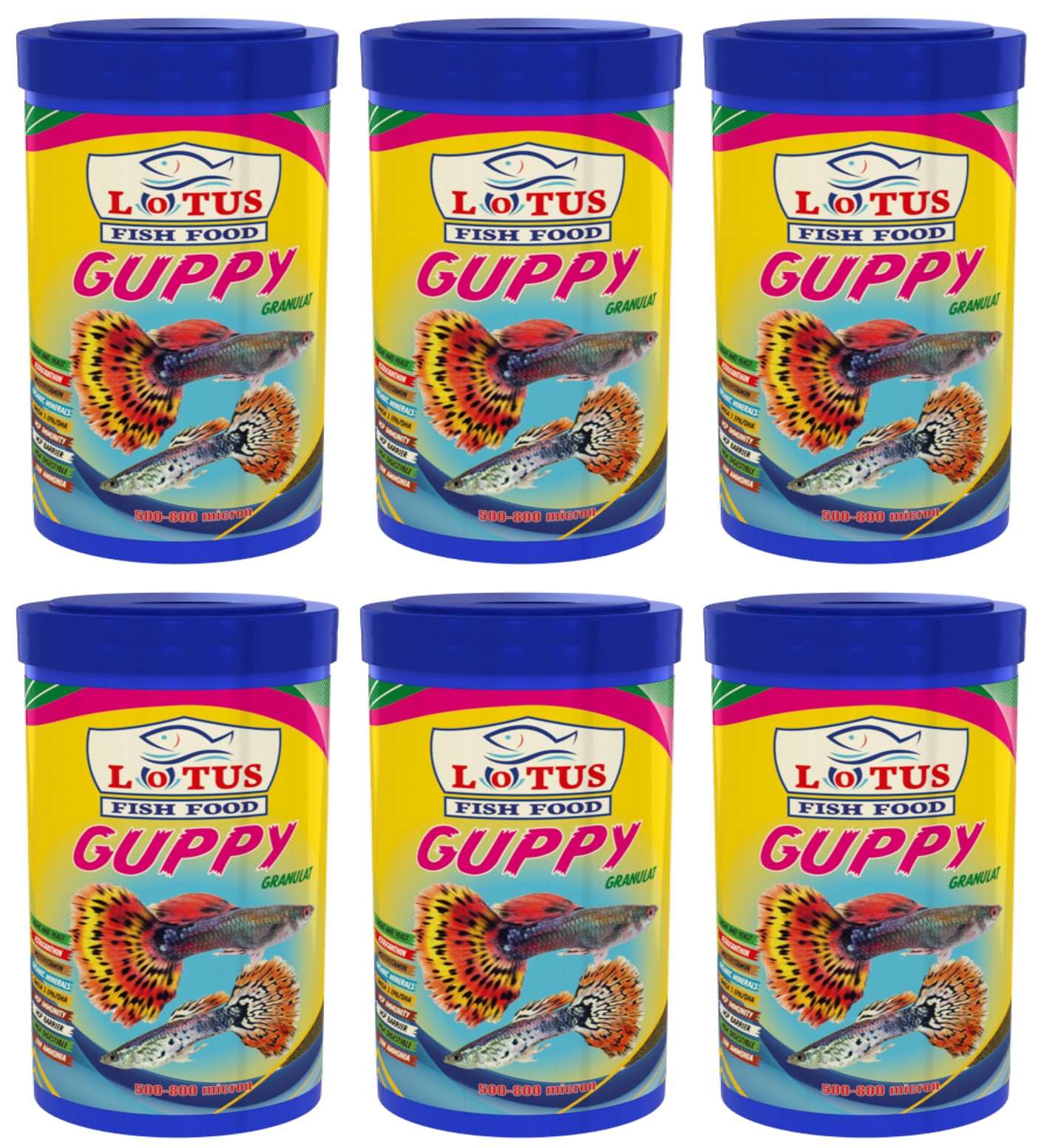 Lotus Guppy Granulat 6 x 100ml Akvaryum Balık Yemi ve 1 Vitamin Seti