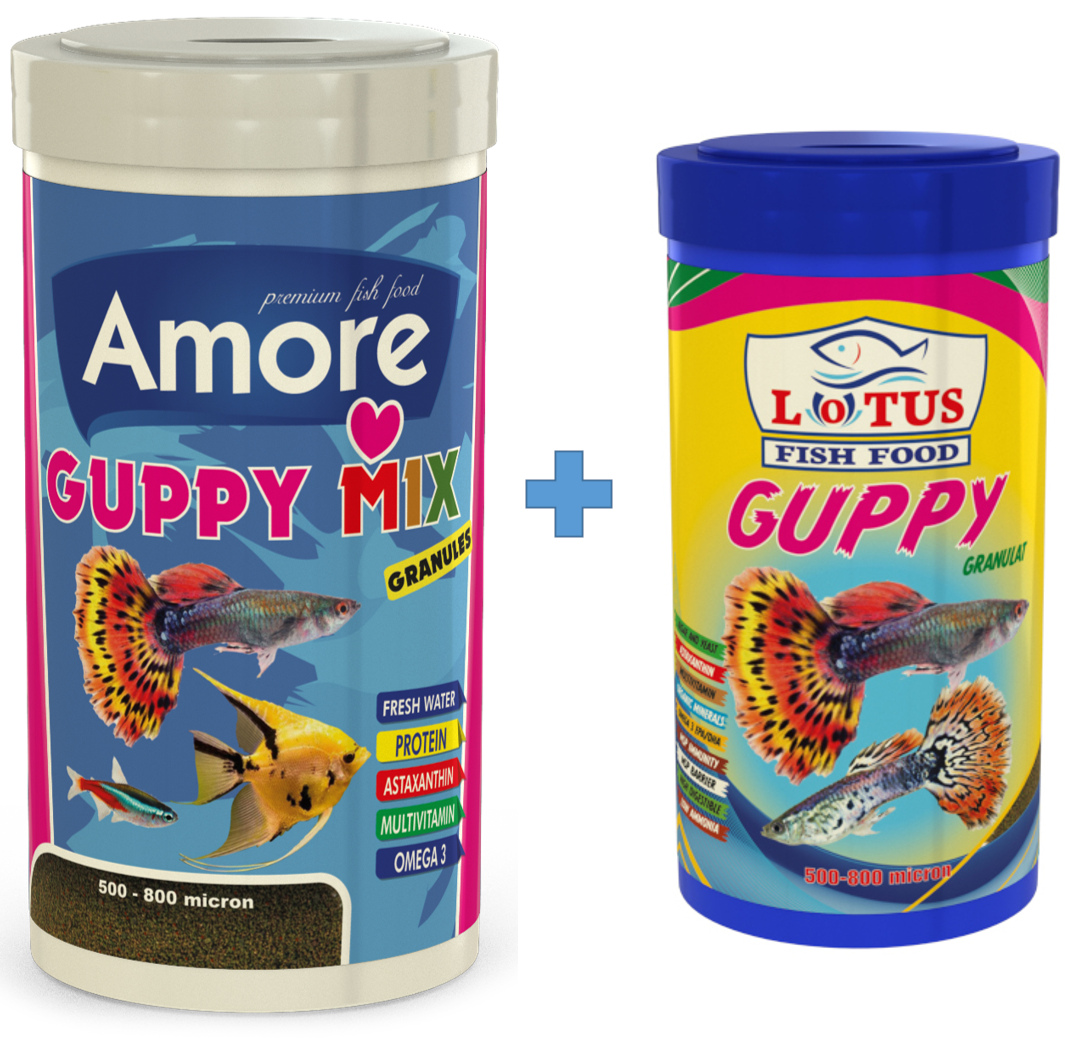 Lotus Guppy Granulat 250ml Ve Amore Guppy Mix Granules 1000ml Balık Yemi