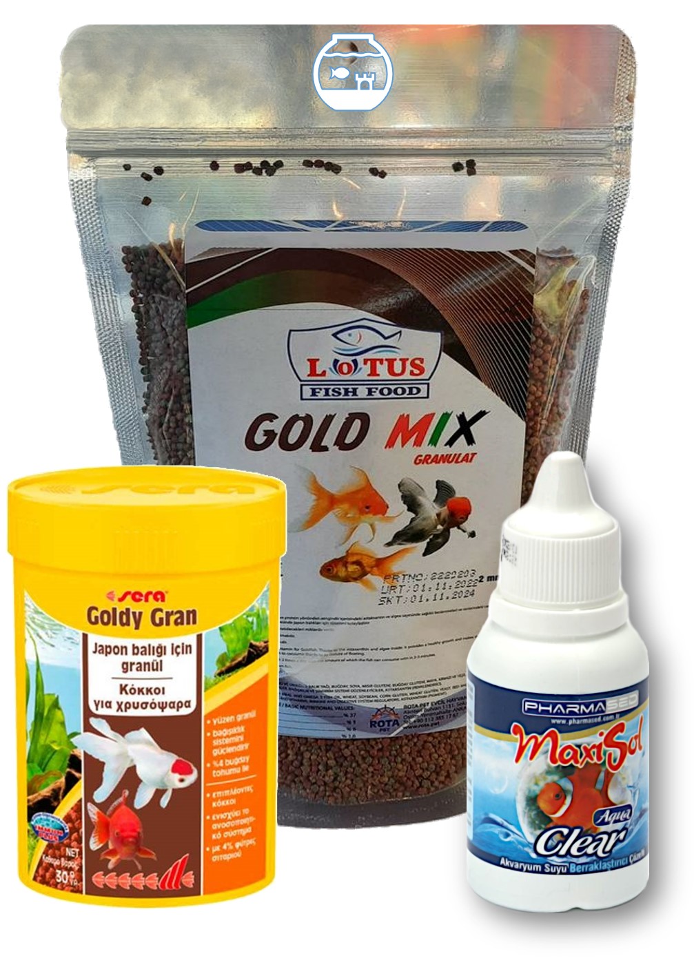 Lotus Japon Balığı Yem Ve Berraklaştırıcı Seti, Lotus Gold Mix 250gr Ve Goldy Gran 100ml