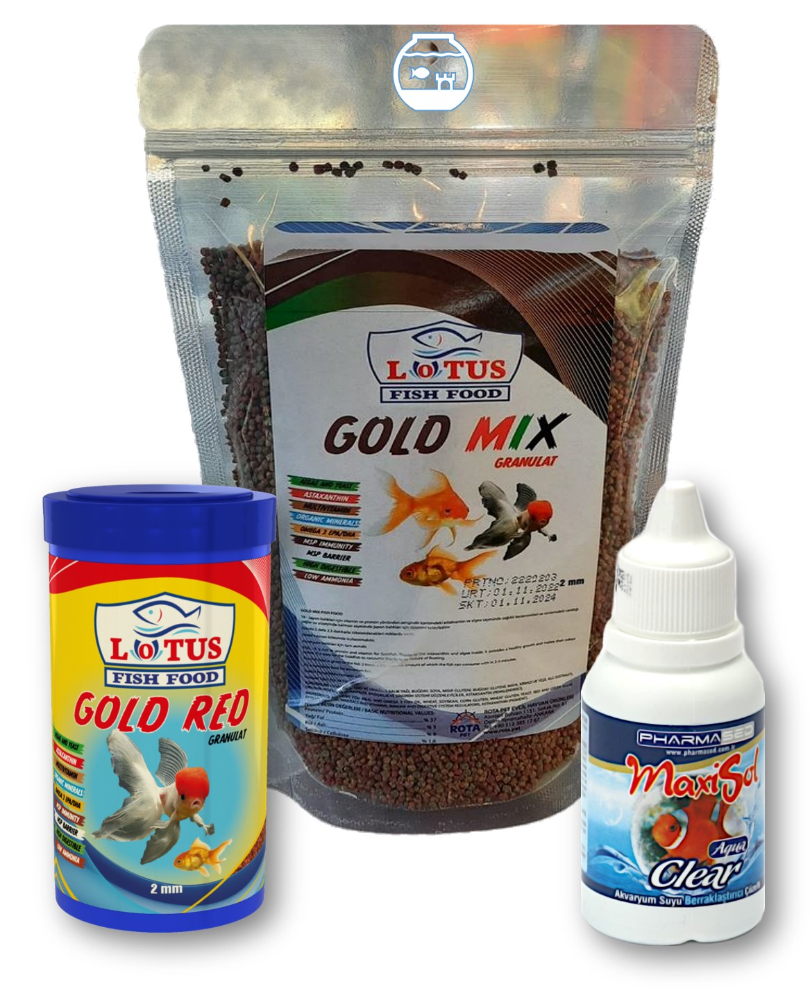 Lotus Japon Balığı Yem ve Berraklaştırıcı Seti, Lotus Gold Mix 250gr ve Red 100ml