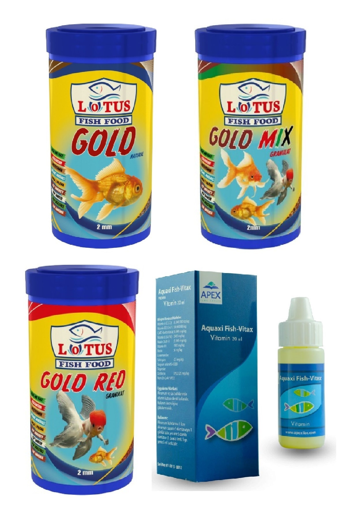 Lotus Japon Balığı Yem, Vitamin Seti, 250 Ml Gold Natural, 250 Ml Gold Mix, 250 Ml Gold Red, Vitamin
