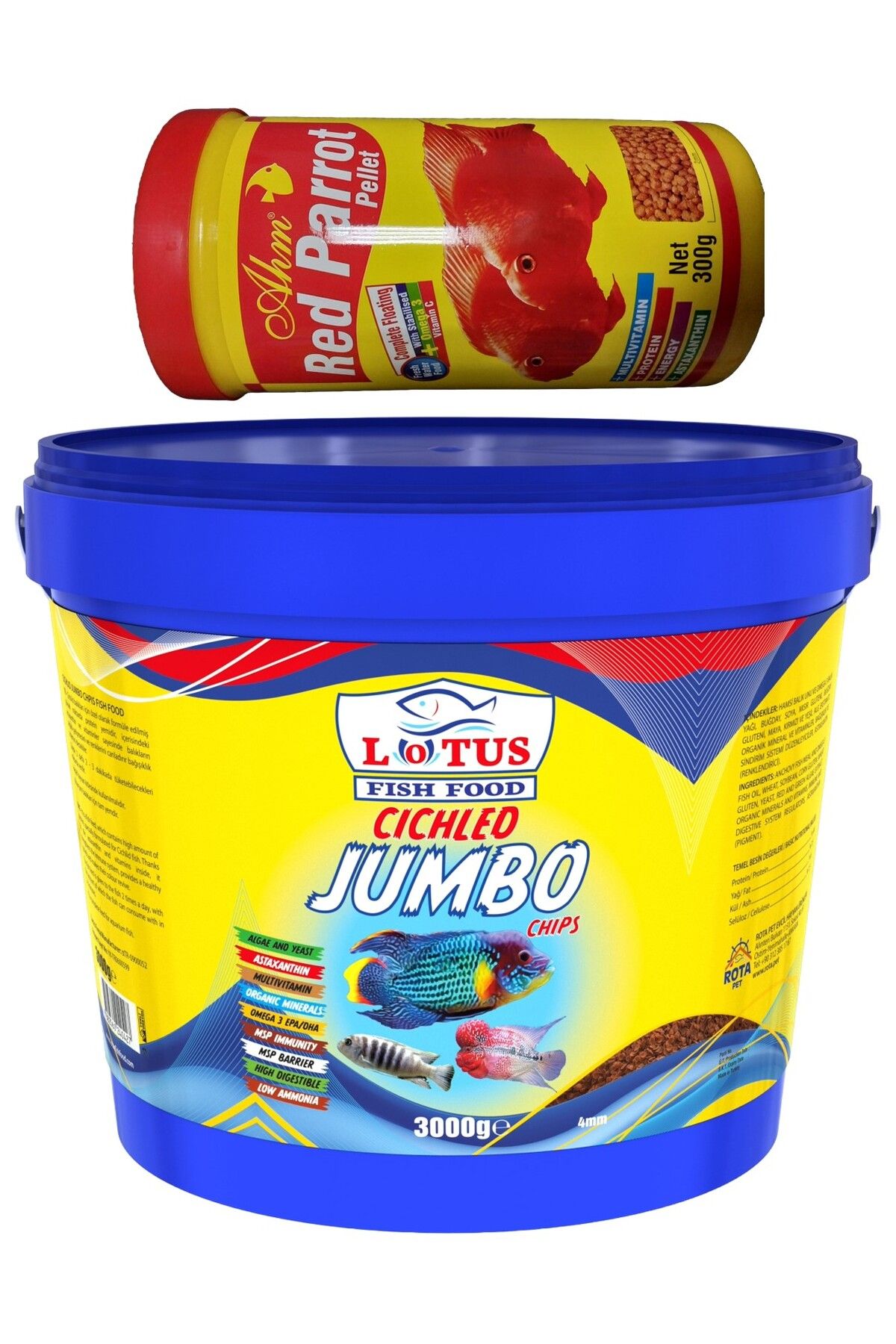 Lotus Jumbo Cichlid Chips 3kg Kova, Ahm Red Parrot Pellet 1000ml Kutu Balık Yemi
