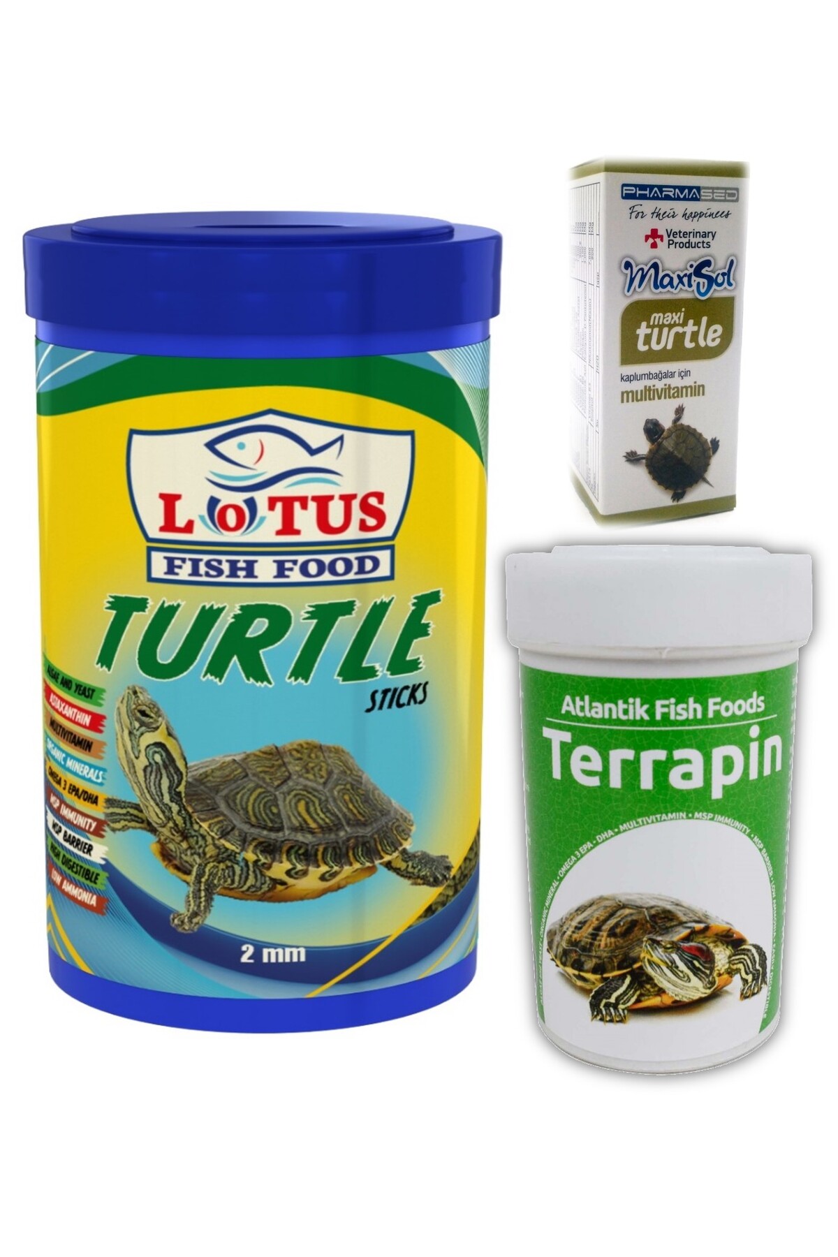 Lotus Kaplumbaga Yemi 1000ml, terrapin 100 ml Turtle Sticks, Multivitamin Seti