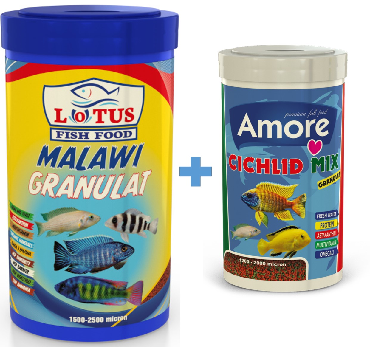 Lotus Malawi Granulat 1000ml ve Amore Cichlid Mix Granules 250ml Kutu Balık Yemi