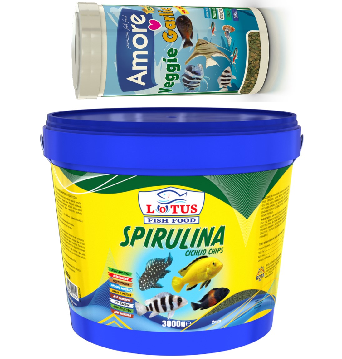 Spirulina Chips 3 Kg Kova ve Amore Pro Veggie Garlic 250 ml Tropheus Bitkisel Balık Yemi