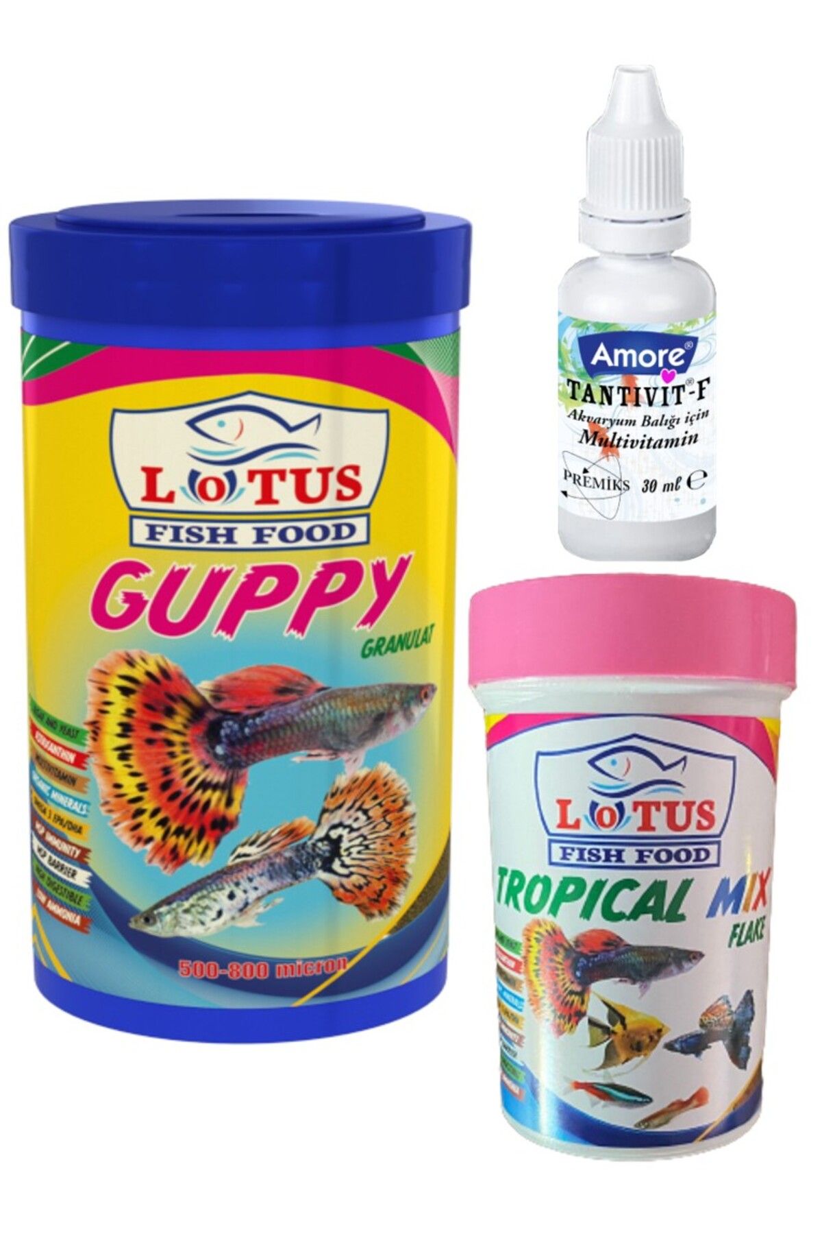 Tetra-Melek-Lepistes 3lü Balık Yemi Seti,Guppy 250ml,Tropical Mix Flakes 100ml,Multivitamin