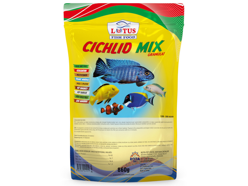 LOTUS CİCHLİD MİX GRANULAT BİTKİSEL + PROTEİN KARIŞIK 860 GR POŞET CİKLET BALIK YEMİ