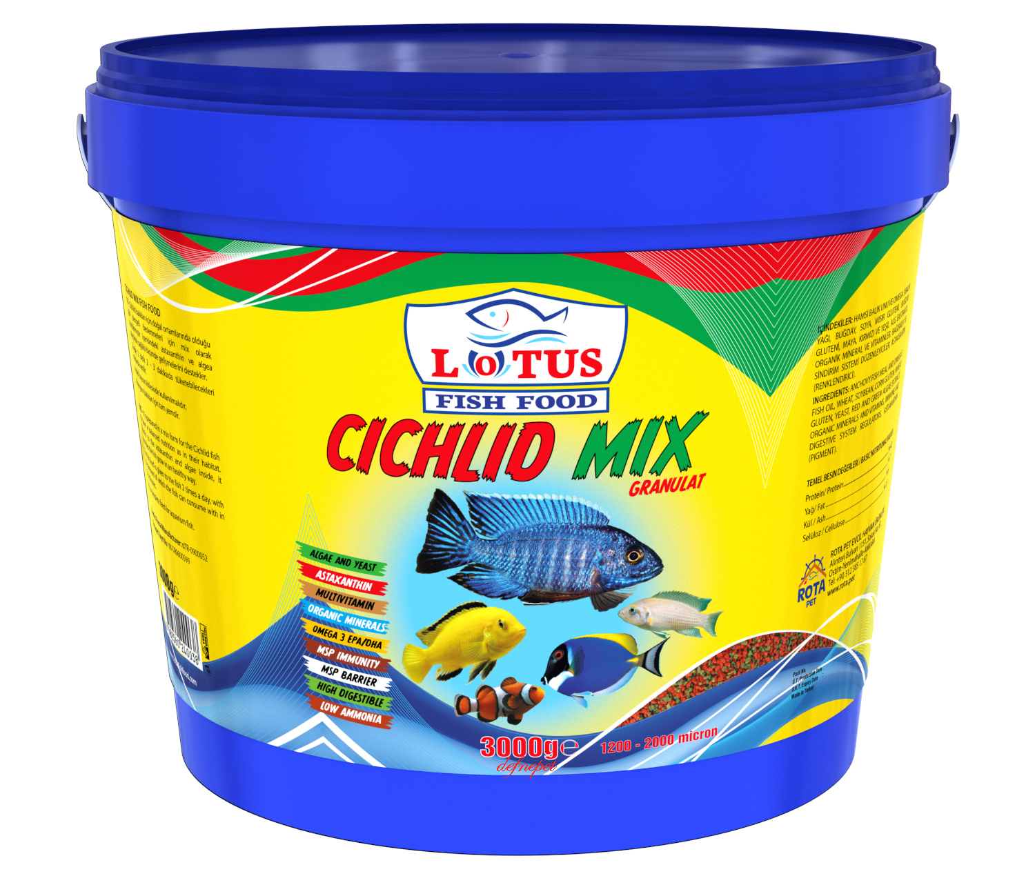 LOTUS CİCHLİD MİX GRANULAT BİTKİSEL + PROTEİN KARIŞIK 3 KG KOVA CİKLET BALIK YEMİ