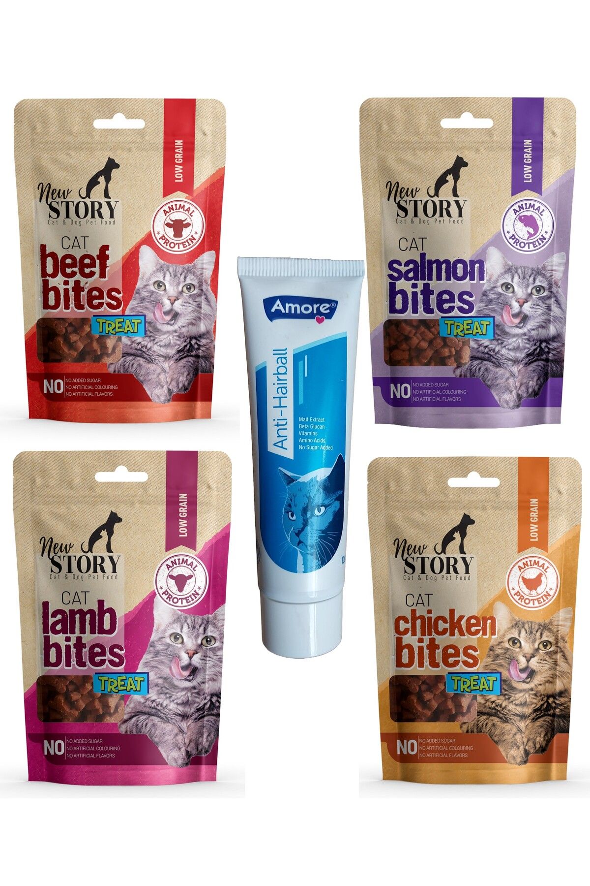 New Story Anti Hairball 100ml, 4-mix Bites 4x60gr Yumuşacık Atıştırmalık Kedi ödülü