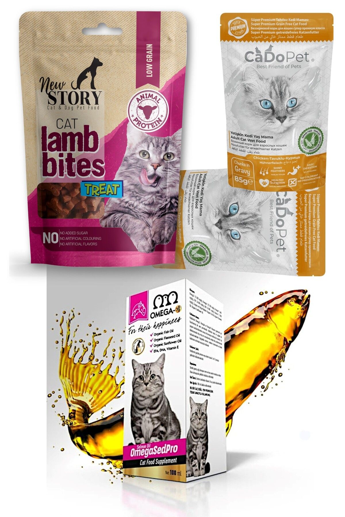 New Story Atıştırmalık Taneli Kedi ödülü Lamb Bites 60gr, Sed-pro Somon Balık Yağı 100ml, 2-punch Mama