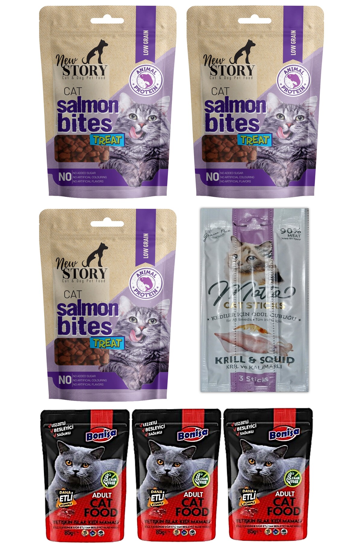 New Story Balikli 3x60gr Atistirmalik Taneli Yumusacik Kedi Odulu, Motto 3lu Krill Kalamar Cat Sticks, 3-Punch